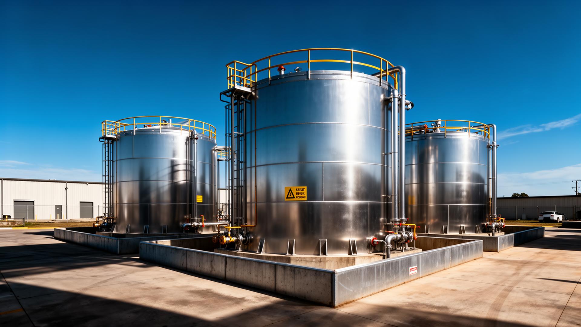 Tanques de combustível aéreos com bacia de contenção em pátio industrial